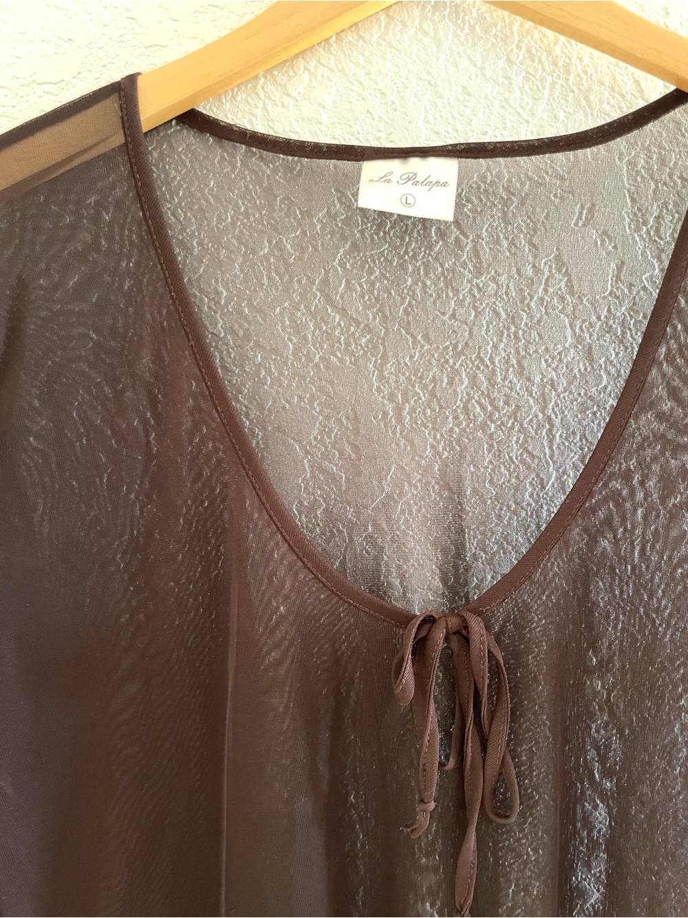 Vintage 90s Y2K Chocolate Brown Sheer Mesh Tie-Neck Long-Sleeve Top Sz L - Picture 4 of 10